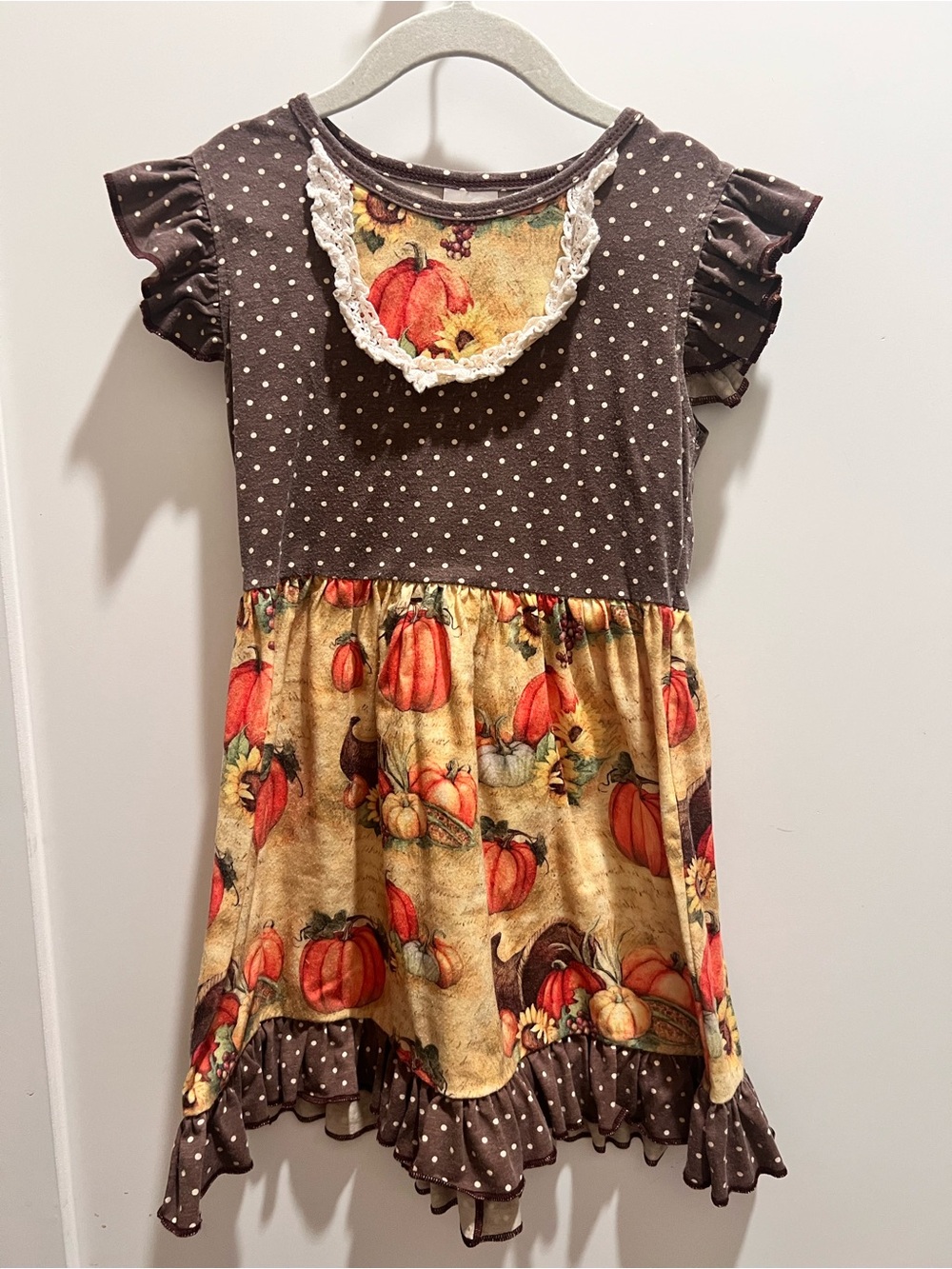 Girls Brown Pumpkin Dress with Ruffle Sleeves